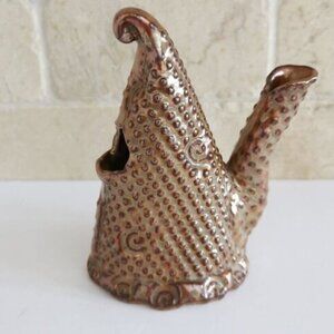 Handmade Pottery Whatsit Vase, Spotted Creative Unusual Decor Signed Brown Ceram